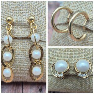 Vintage Lot of 3 Clip On Earrings Gold Tone & Faux Pearls Dangle Chains Hoops